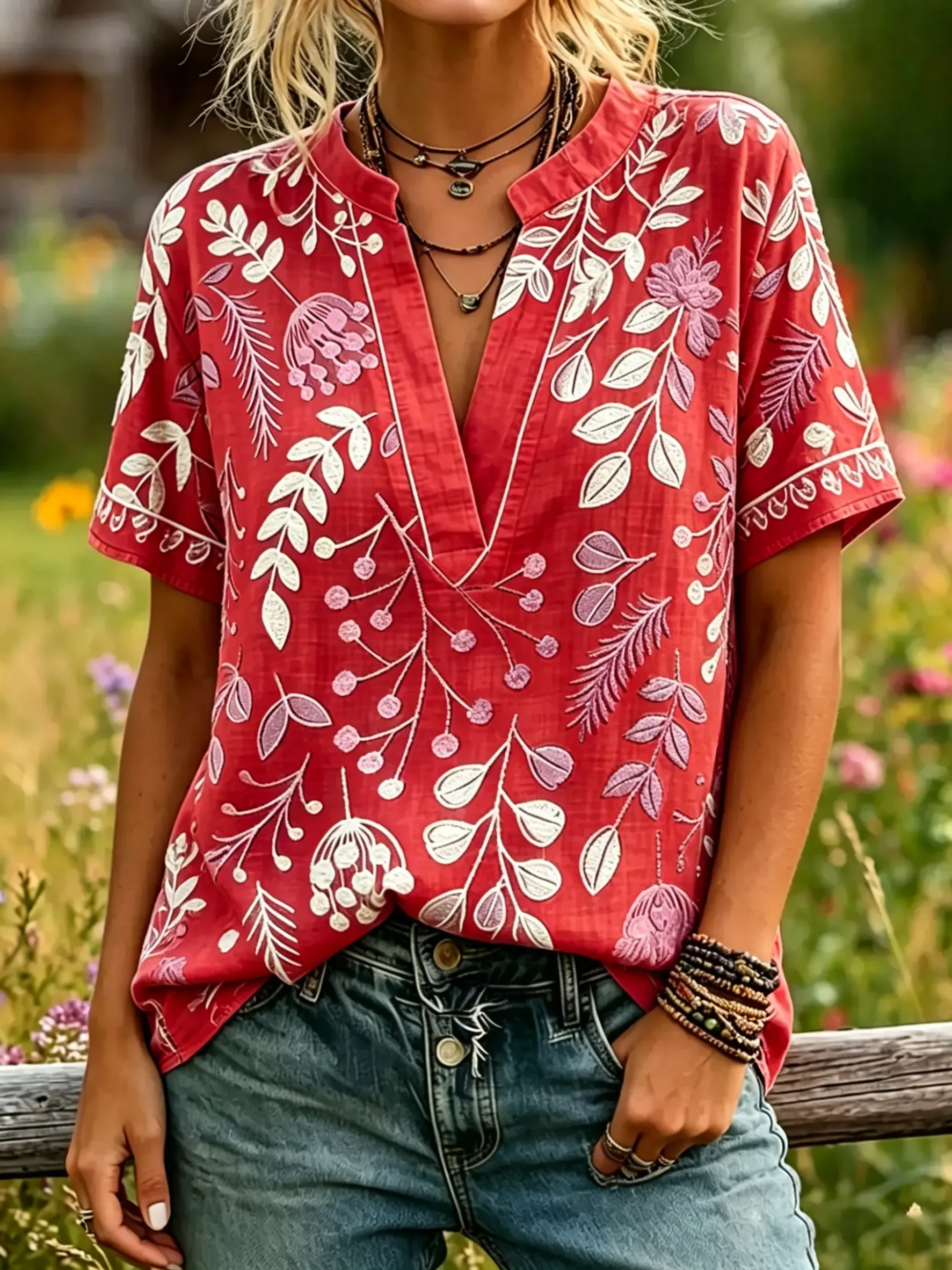 Women's Leaf Floral Print Notch Collar Short Sleeve Top
