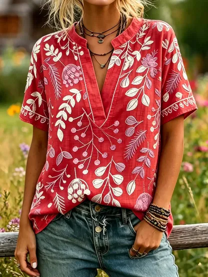 Women's Leaf Floral Print Notch Collar Short Sleeve Top