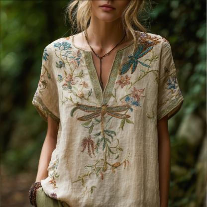 Bohemian Style Dragonfly Flower Vintage V-neck Short-sleeved Shirt