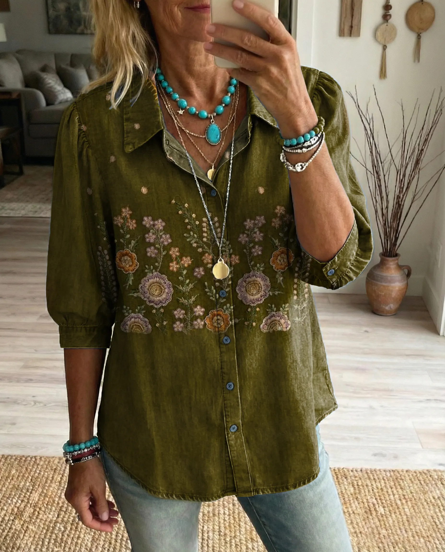 Women's Textured Floral Patter Art Print Casual Washed Cotton Collared Short-Sleeve Top