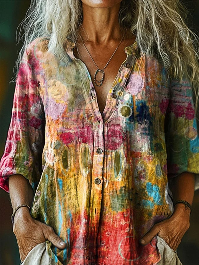 Women's Retro Abstract Art Print Casual Cotton and Linen Shirt