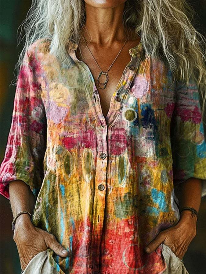 Women's Retro Abstract Art Print Casual Cotton and Linen Shirt