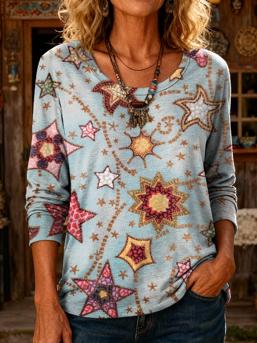 Women's Retro Star Art Casual Long Sleeve Round Neck Cotton T-Shirt