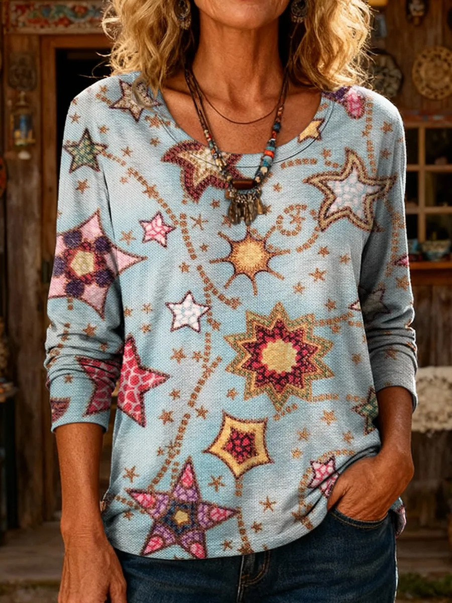 Women's Retro Star Art Casual Long Sleeve Round Neck Cotton T-Shirt