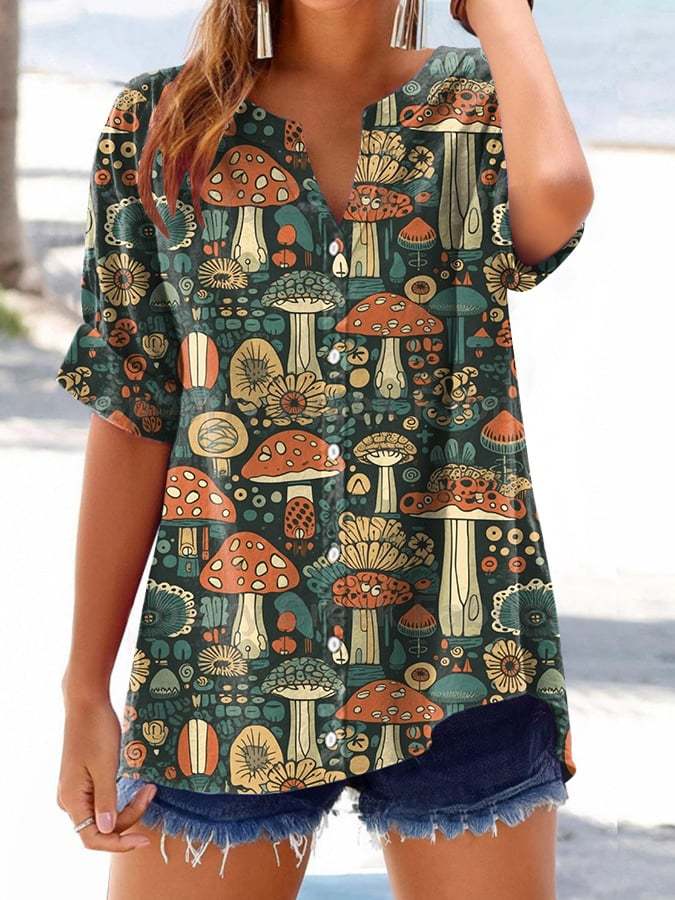 Women's Forest Floral Print Button Design V-Neck Casual Shirt
