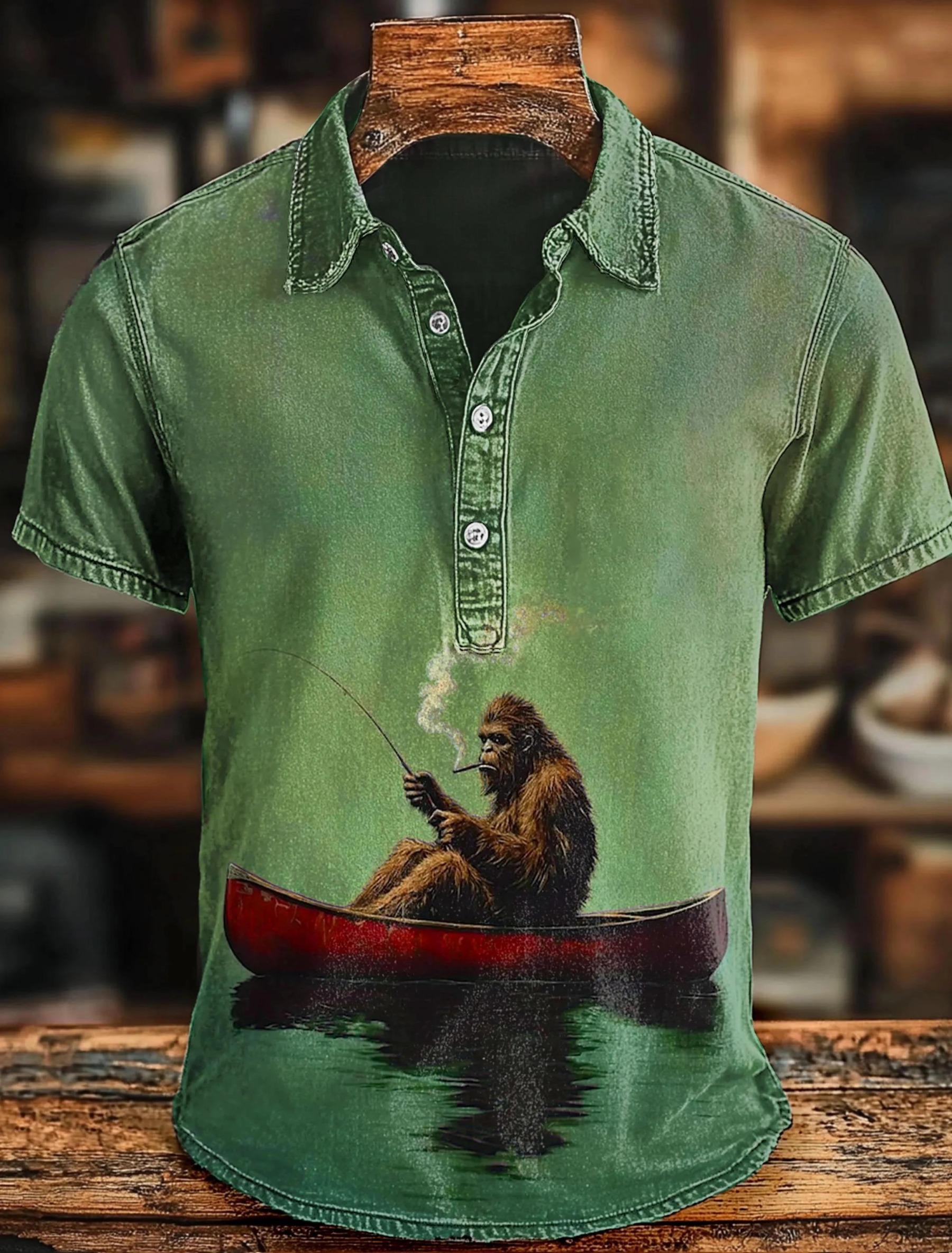 Bigfoot on a Red Canoe Fishing Retro Art Print Casaul Short Sleeve T-shirt