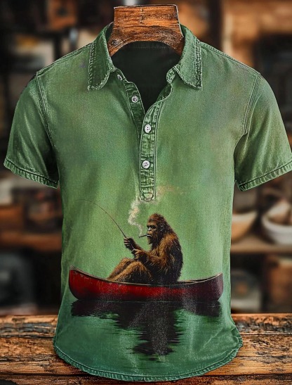 Bigfoot on a Red Canoe Fishing Retro Art Print Casaul Short Sleeve T-shirt