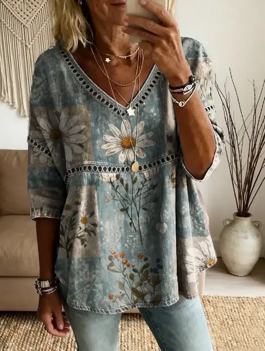 Ethnicity Bohemian Style Flowers Women's Vintage Art Print Casual V Neck Cutout Top