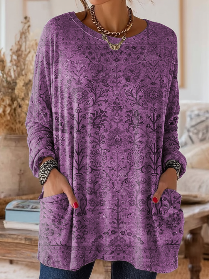 Women's Retro Ethnic Art Print Casual Long-Sleeve Round Neck Cotton T-Shirt