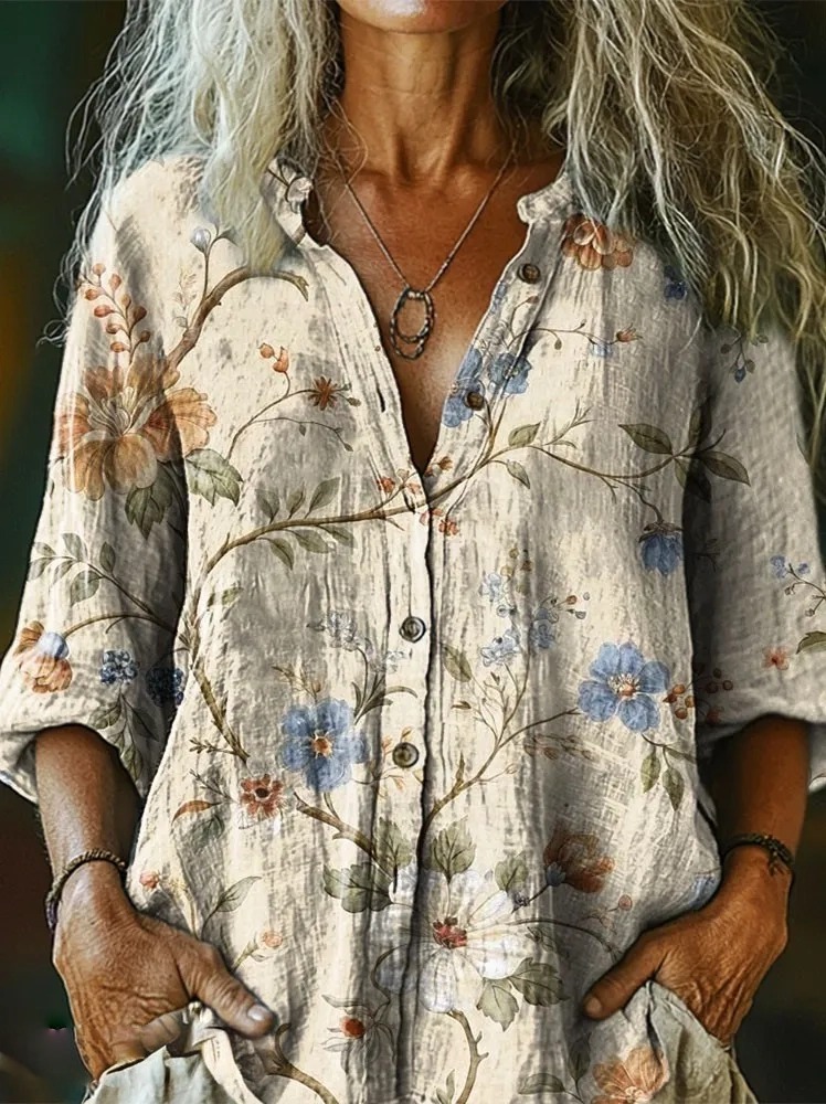 Women's Retro Flowers Nature Print Casual Cotton Linen Shirt