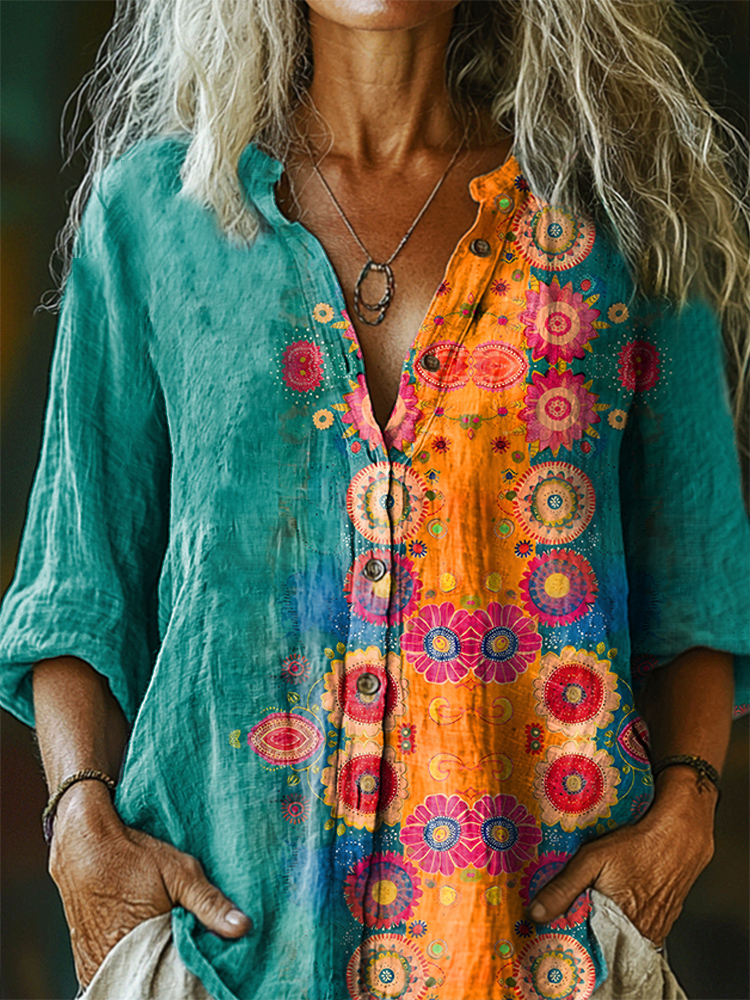 Floral Pattern Art Print Cotton Linen Casual Women's Shirt