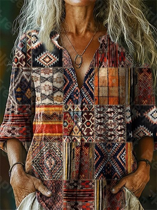 Women's Vintage Ethnic Collage Print Casual Cotton-Linen Blend Shirt