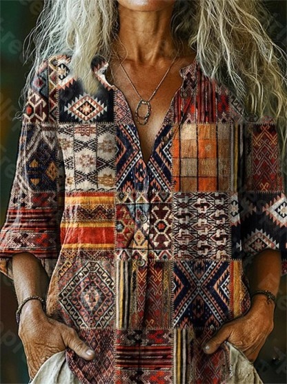 Women's Vintage Ethnic Collage Print Casual Cotton-Linen Blend Shirt