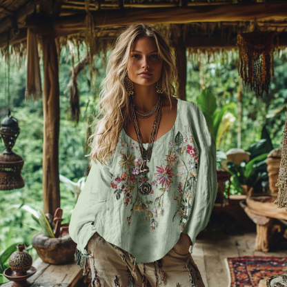 Retro Bohemian Floral Embroidery Art Graphics Cotton And Linen Blend Loose Blouse