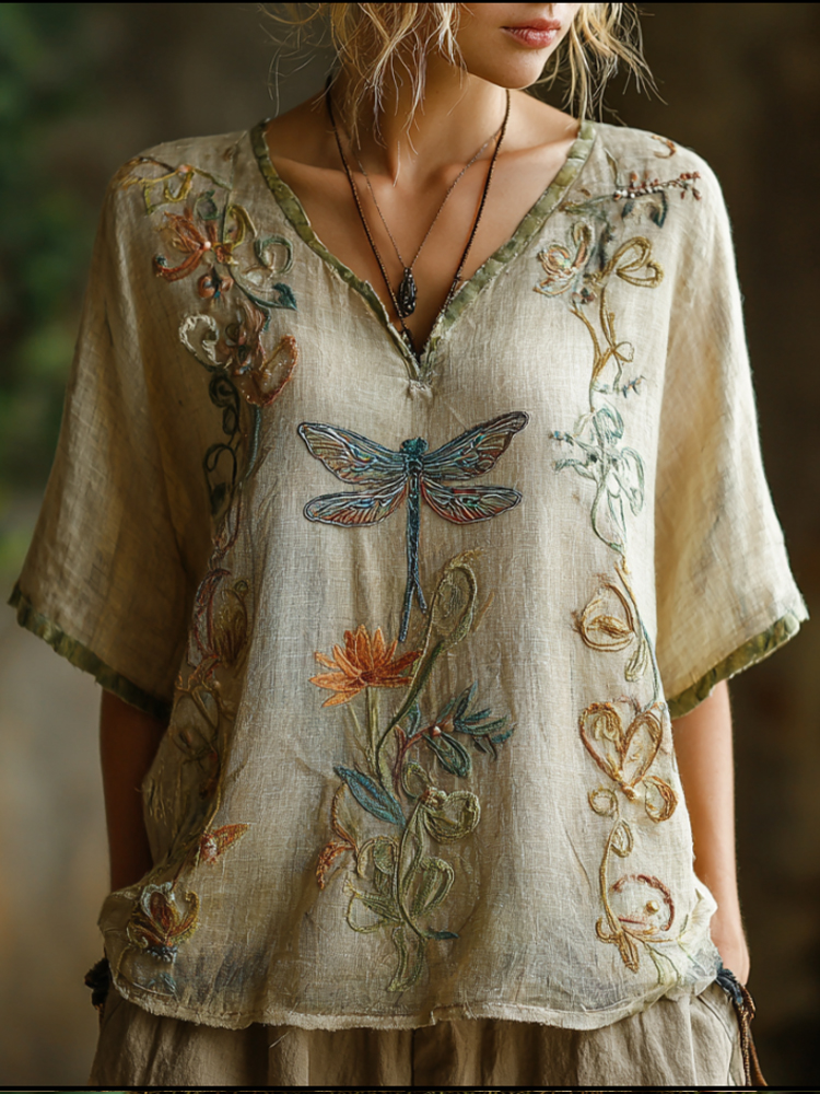 Bohemian Dragonfly Vine Pattern Vintage V-neck Short-sleeved T-shirt