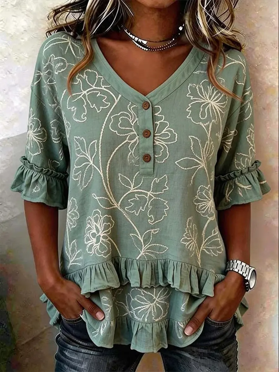 Women's Casual V-Neck Double-Layer Ruffled Trim Vintage Floral Print Cotton Shirt