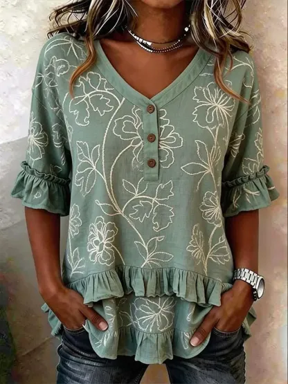 Women's Casual V-Neck Double-Layer Ruffled Trim Vintage Floral Print Cotton Shirt