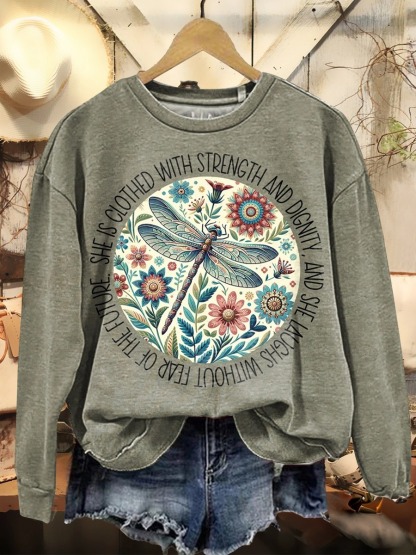 Women's She Is Clothed With Strength Print Casual Crew Neck Sweatshirt