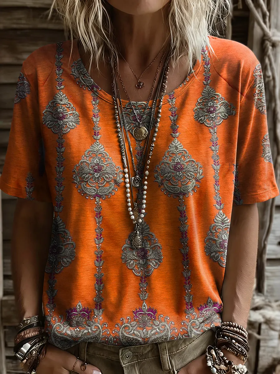Women's Retro Ethnic Floral Print Round-neck Short-sleeve T-shirt