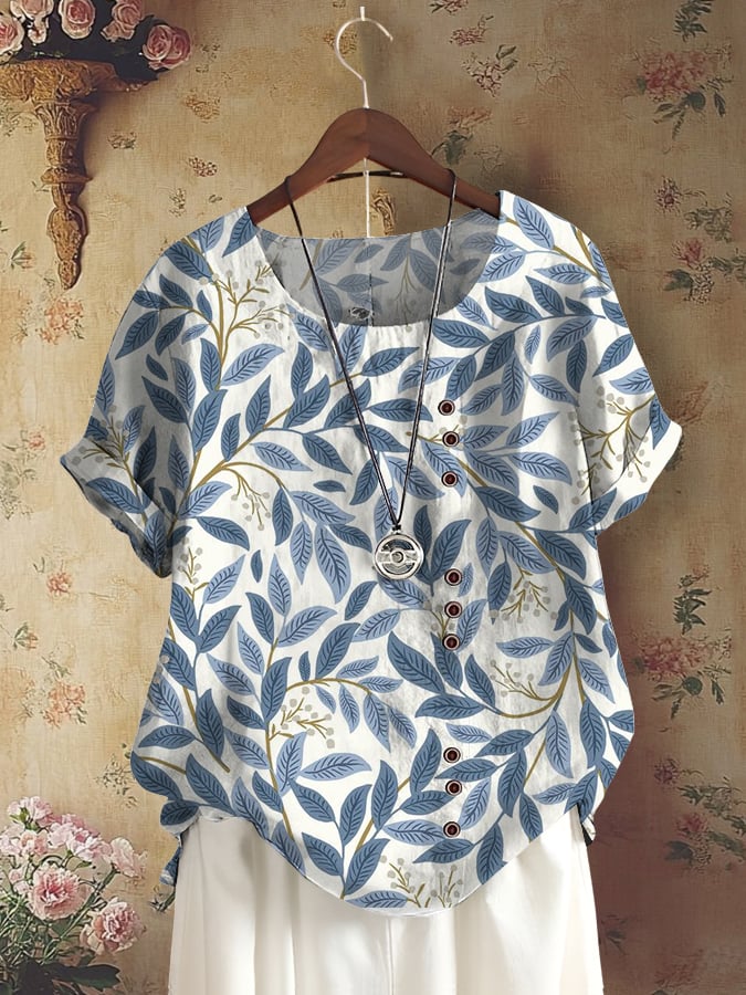 Women's Casual Retro Forest Plant Print Cotton And Linen Top
