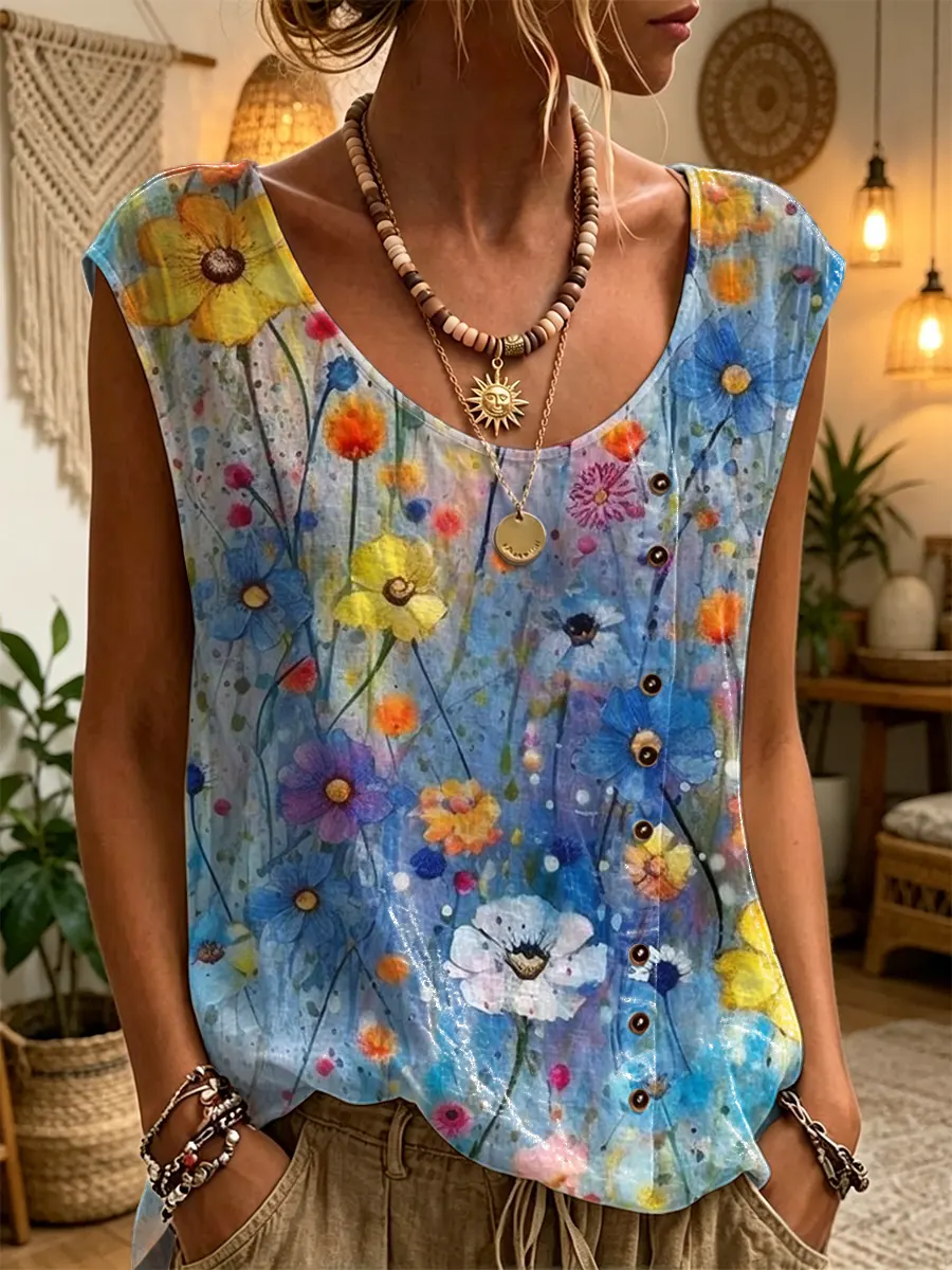 Ethnicity Bohemia Flowers Tie Dye Women's Art Print Casual Round Neck No Sleeve Cotton Shirt
