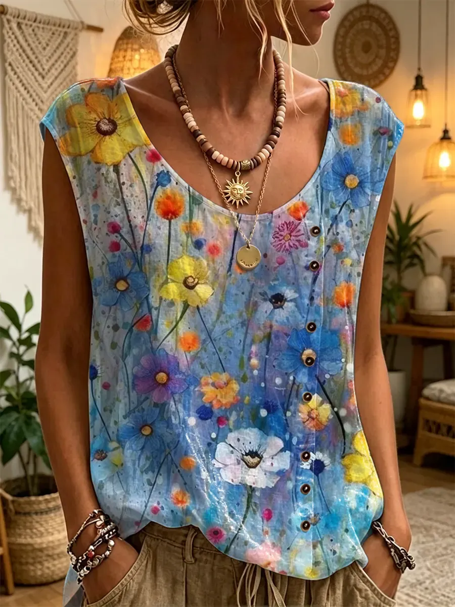 Ethnicity Bohemia Flowers Tie Dye Women's Art Print Casual Round Neck No Sleeve Cotton Shirt