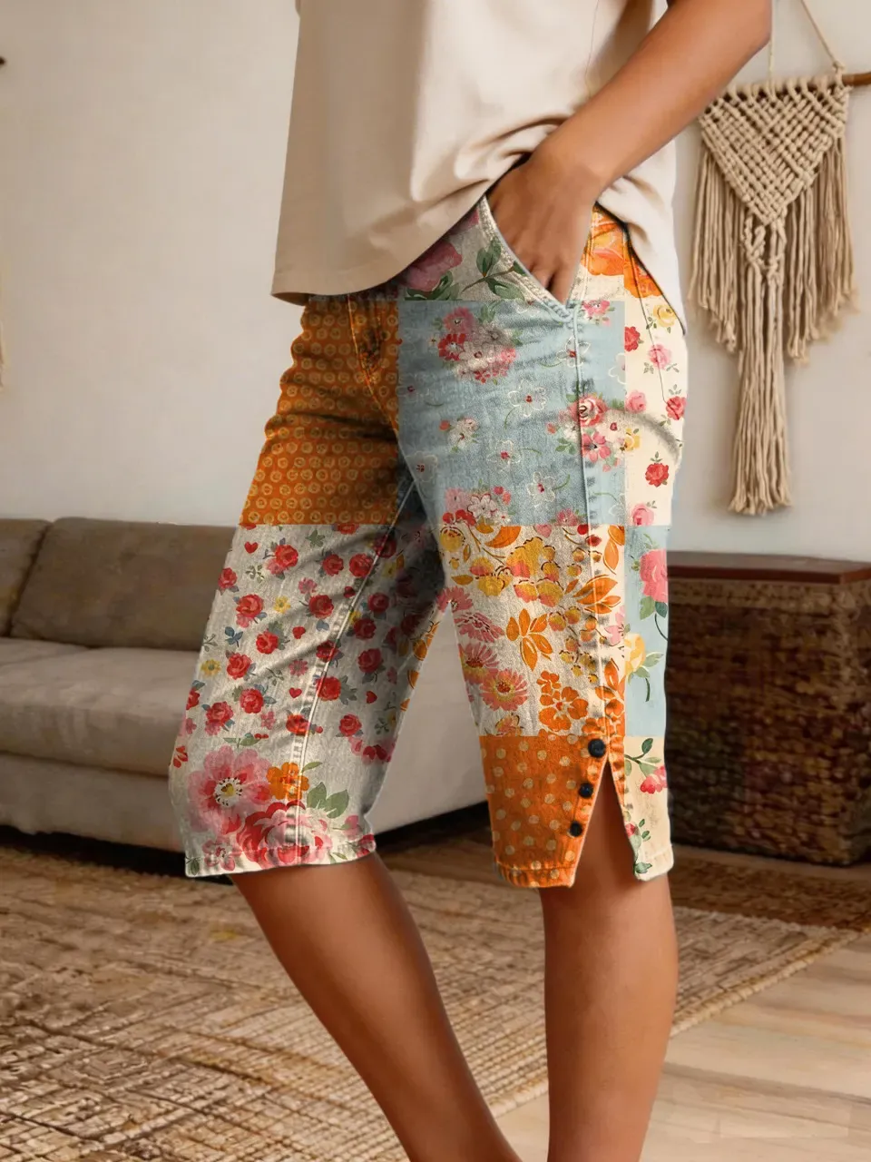 Women's Retro Patchwork Floral Art Print Casual Denim Shorts