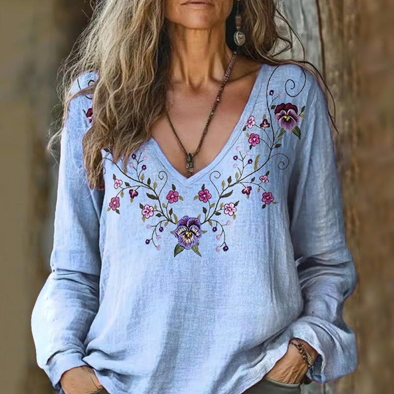 Women's Alzheimer's Floral Printed Cotton And Linen Long Sleeve Top