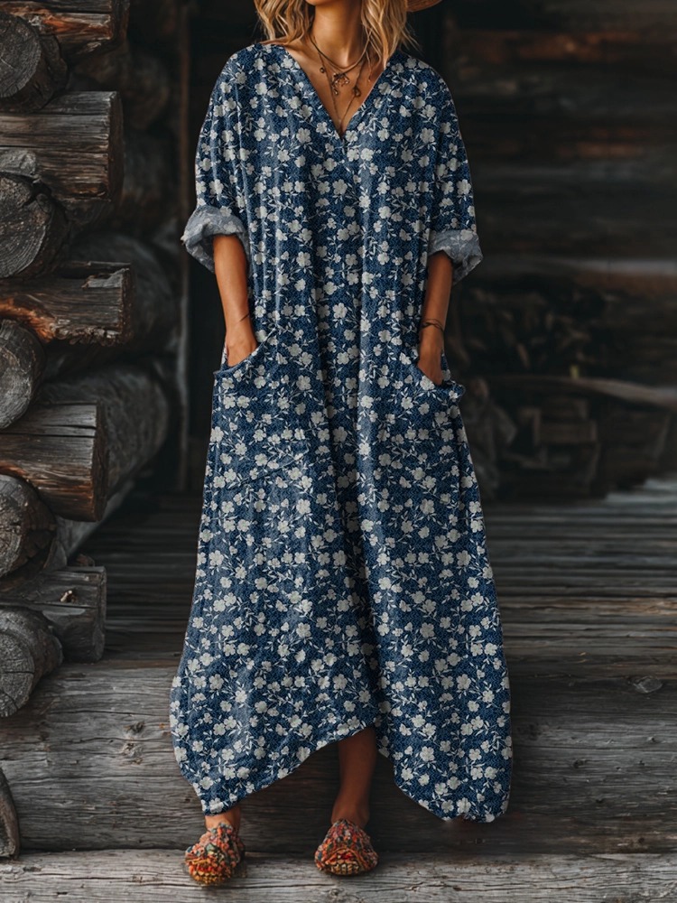 Women's Vintage Floral Art Print Casual Cotton And Linen Shirt