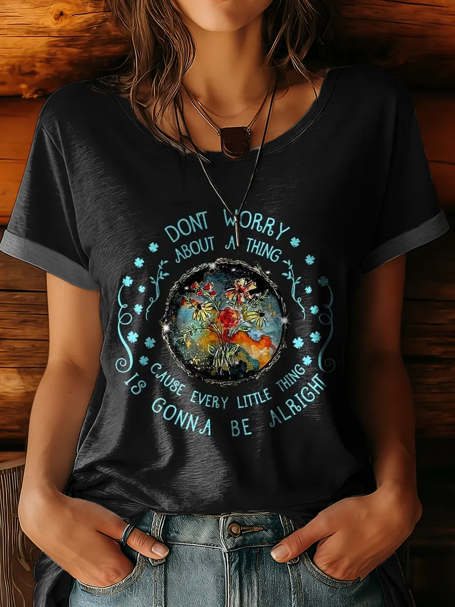 Women's Hippie Art Print Crew Neck Cotton T-shirt