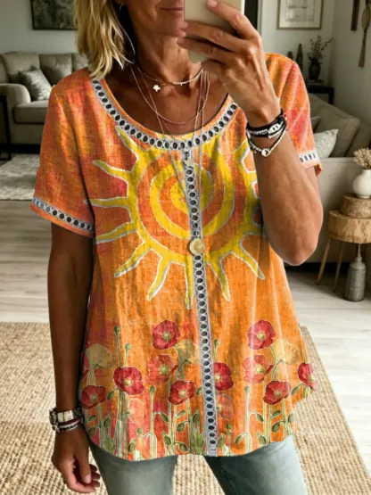 Women's Short-sleeve Casual Round-neck T-shirt With Artistic Sunflower Print And Cutout Design