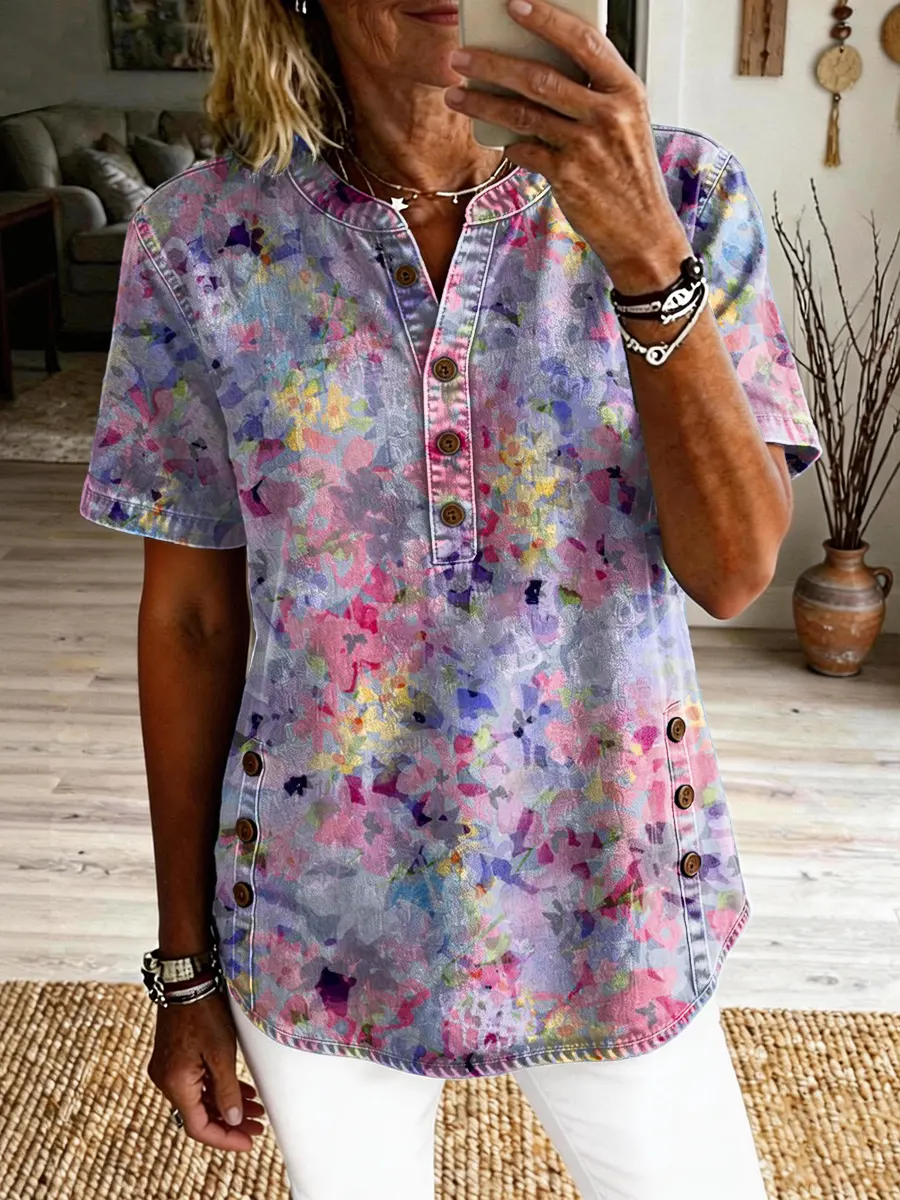 Women's Retro Colorful Floral Art Print Casual Short-Sleeve Washed Cotton Denim Top