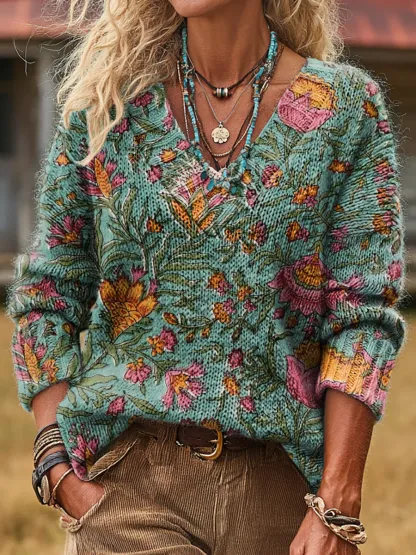 Unisex Retro Floral Art Print Casual Long-Sleeve V-Neck Sweater