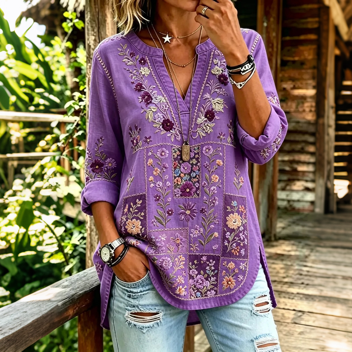 Women's Retro Ethnic Floral Patchwork Color-blocked Cotton Linen Top