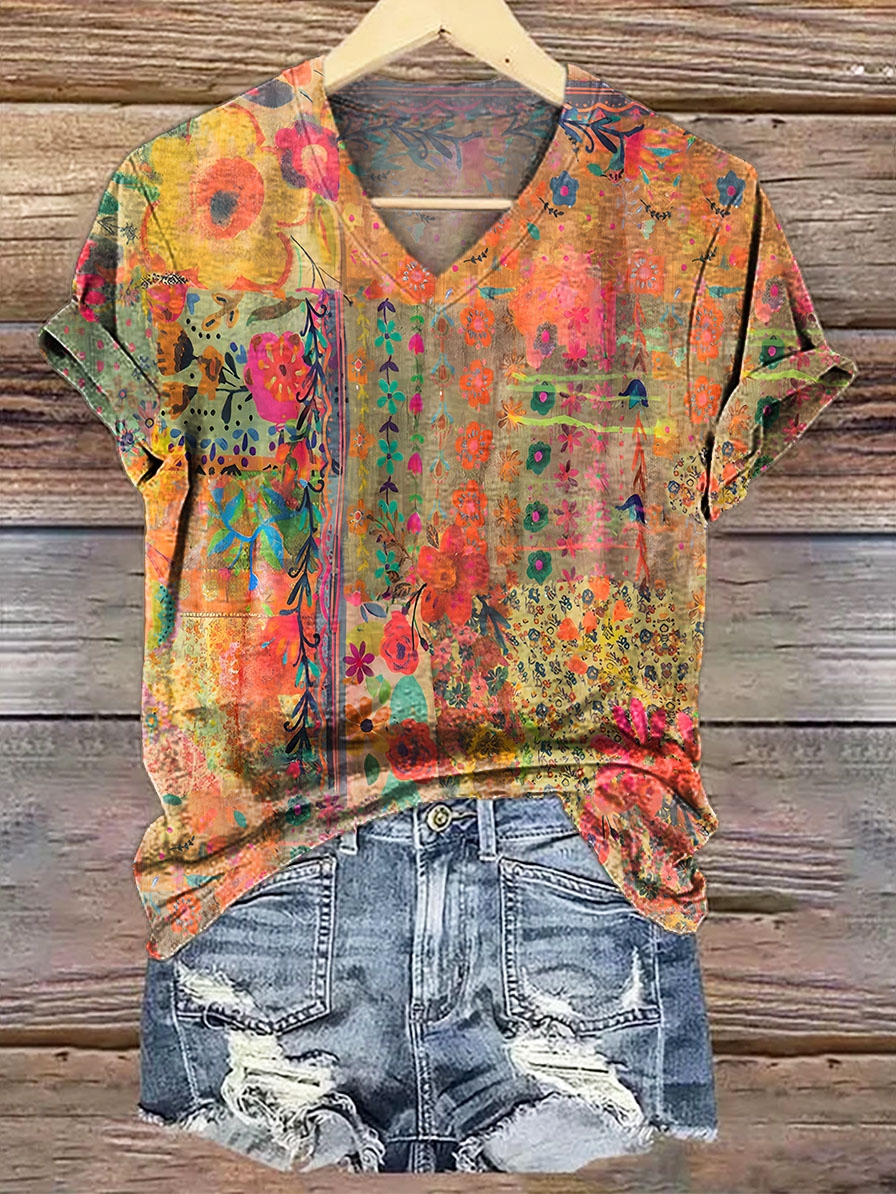 Women's Vintage Watercolor Flower Collage Art Print Casual Cotton And Linen Shirt
