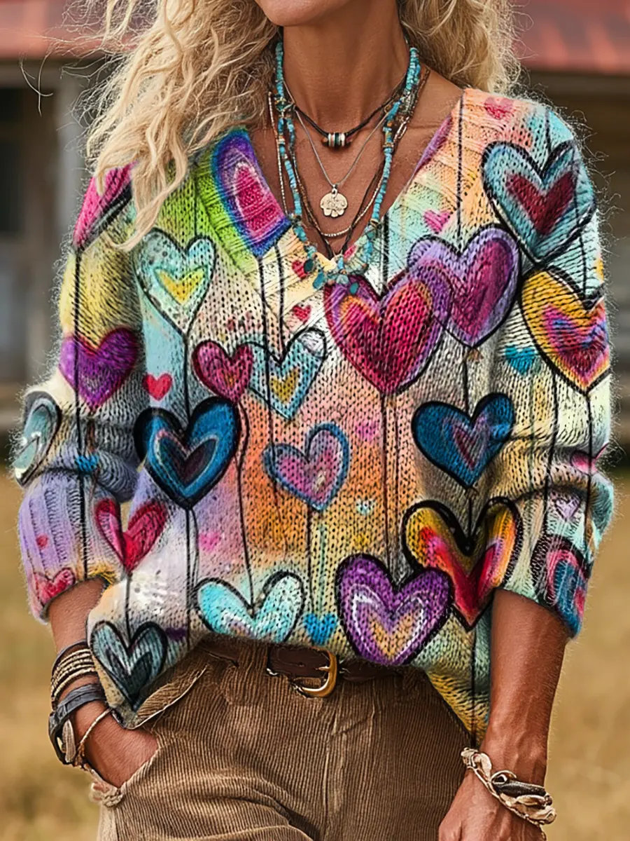 Ethnicity Love Colorful Women's Print V-neck Long Sleeve Sweater