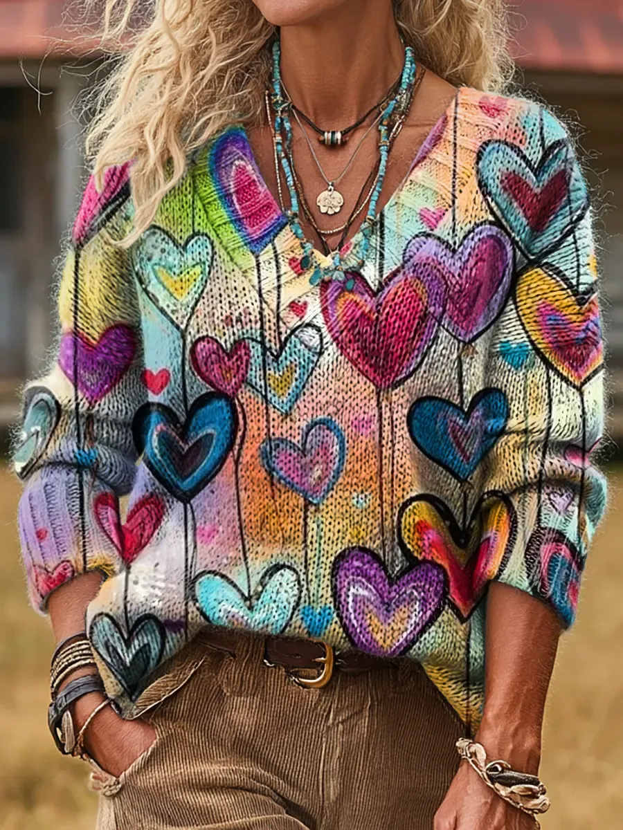 Ethnicity Love Colorful Women's Print V-neck Long Sleeve Sweater