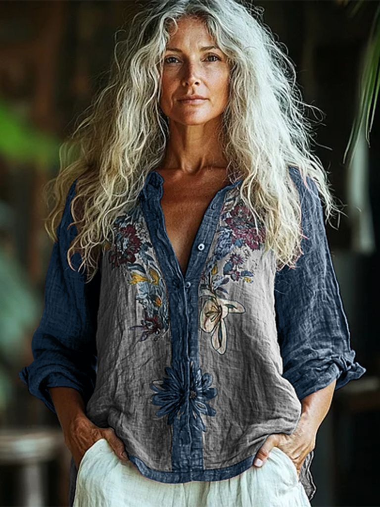 Bohemian Style Linen Floral Art Print  Long Sleeve Shirt