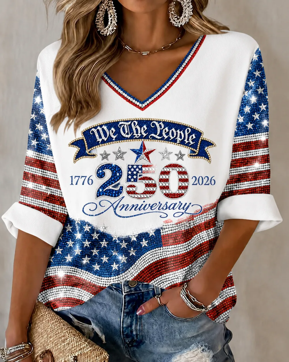Women'S Retro Independence Day Art Printed Casual T-Shirt