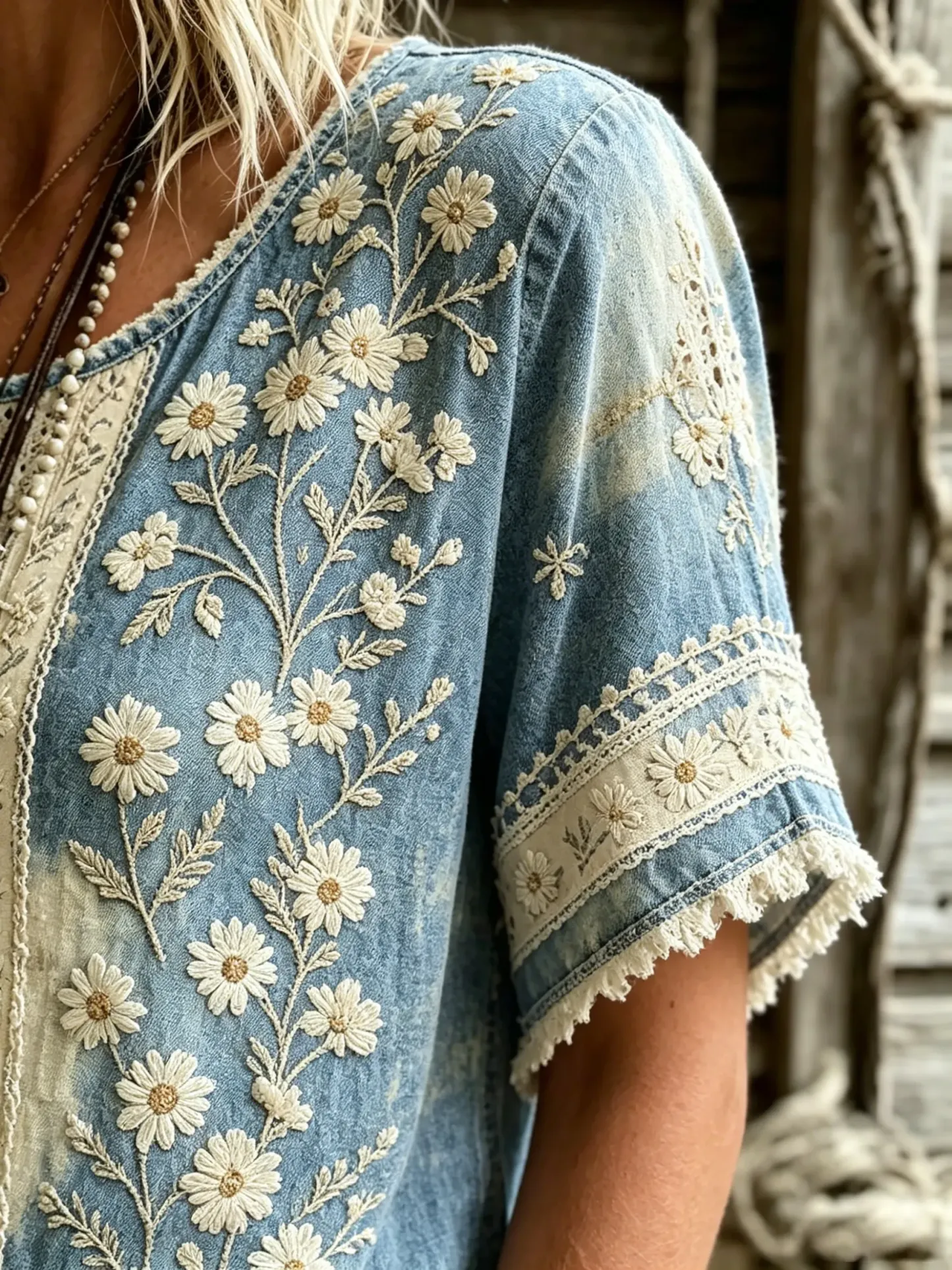 Women's Washed Denim Daisy Lace Cotton Blouse