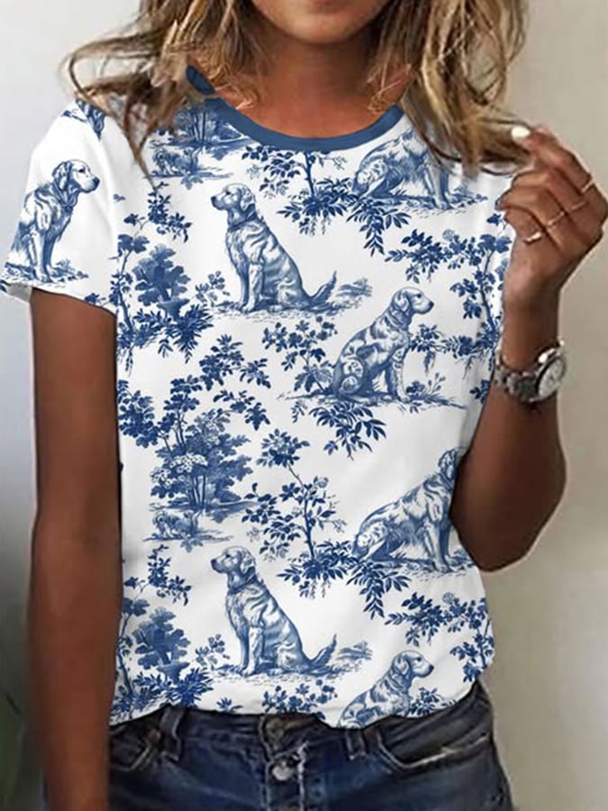 Women's Retro Dog Flora and Fauna Print Short Sleeve T-Shirt