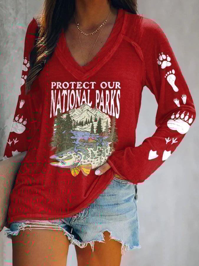 Women's Protect Our National Parks Print V Neck T-Shirt