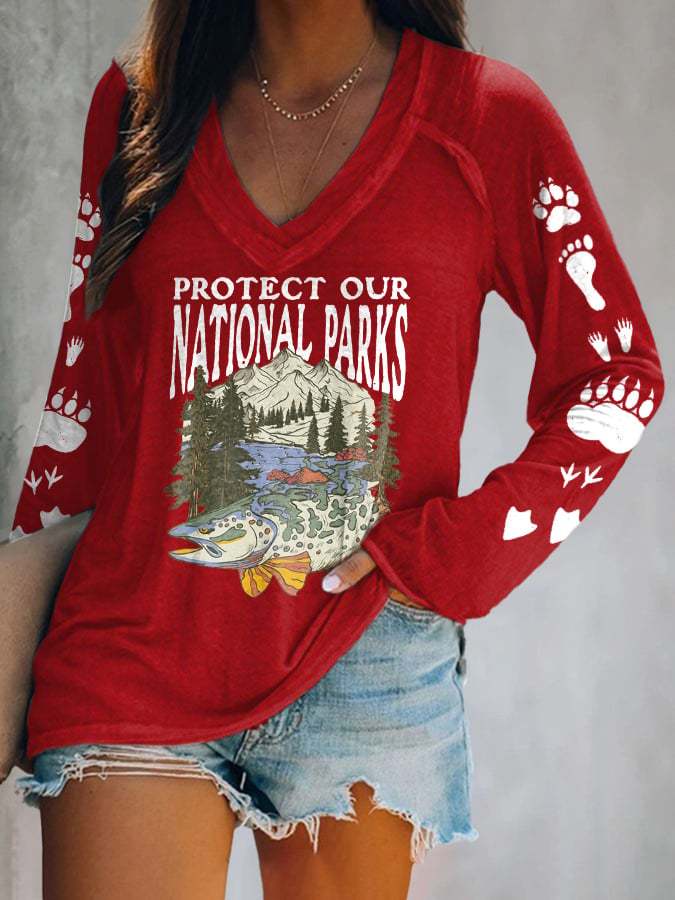 Women's Protect Our National Parks Print V Neck T-Shirt