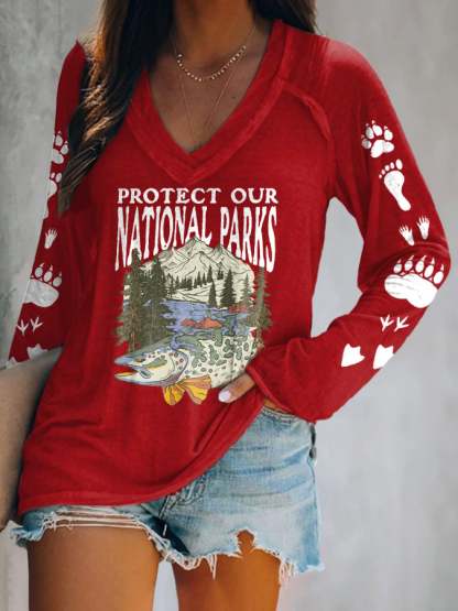 Women's Protect Our National Parks Print V Neck T-Shirt
