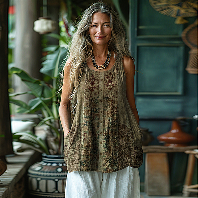 Vintage Tribal Art Sleeveless Linen Blend Tank Top