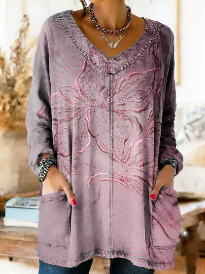 Women's Vintage Pink Floral Art Print Casual V-neck Pocket Long Sleeve Washed Denim Shirt