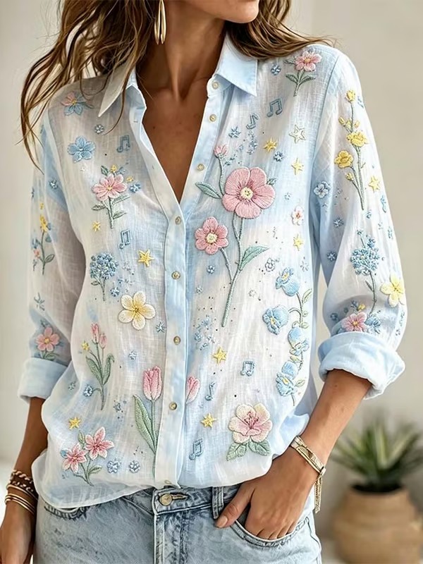 Women'S Casual Cotton And Linen Printed Shirt