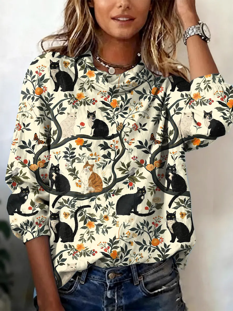 Women's Casual Multicolor Cat Flowers Print Turtleneck Cotton Long Sleeved Shirt