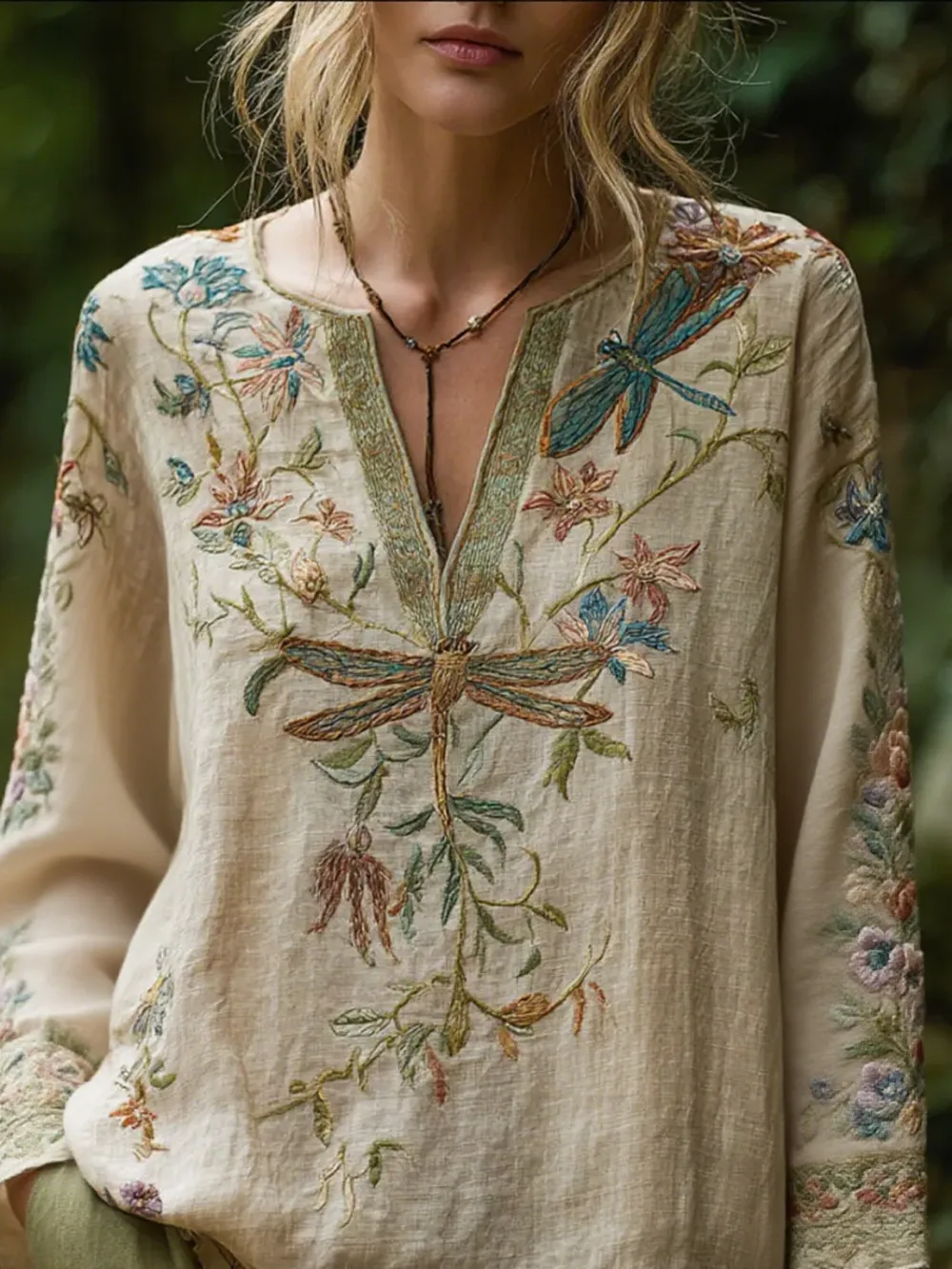 Bohemian Style  Flower Vintage V-neck Short-sleeved Shirt