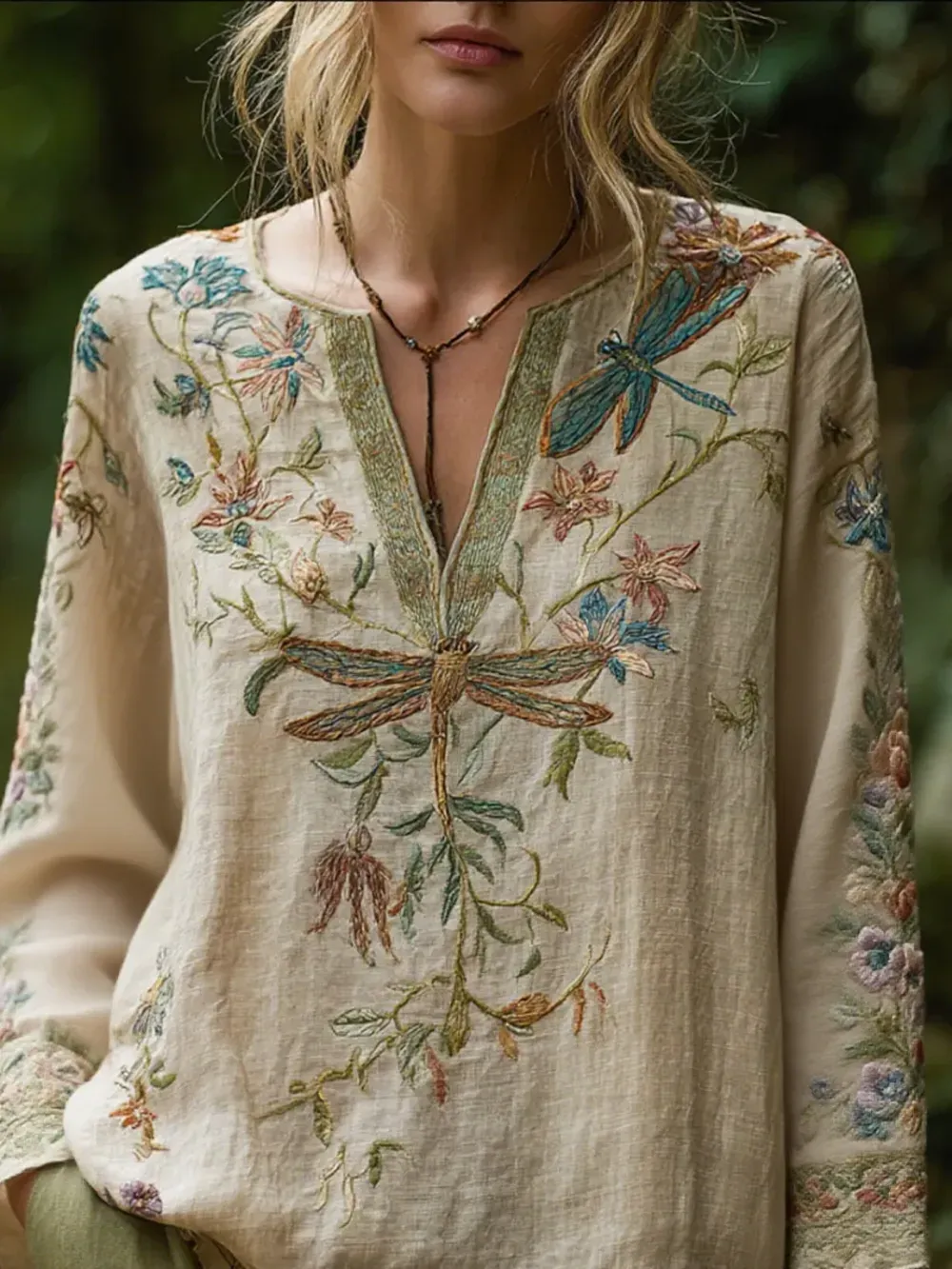 Bohemian Style Flower Vintage V-neck Short-sleeved Shirt